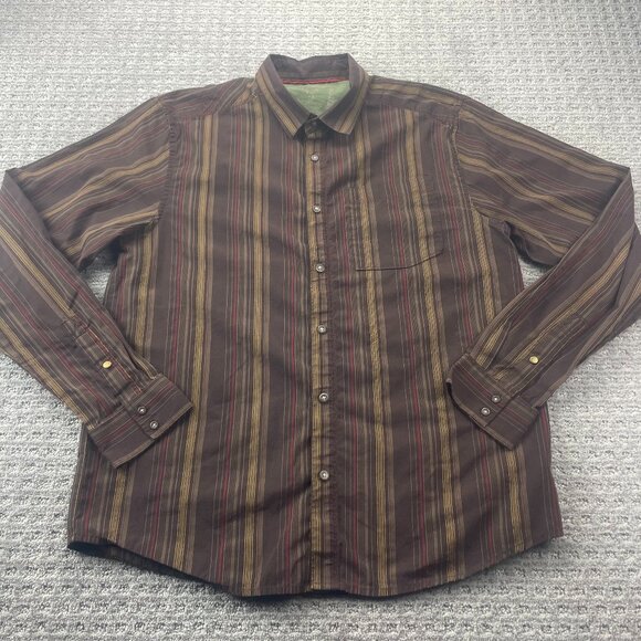 PRANA Button Up Shit Long Sleeve Men Large L Brown Stripe Casual - Picture 1 of 7